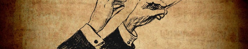 Illustration of conductors hands, left hand holding a baton. Cuffs of white shirt and black jacket are visible up to the mid forearm.