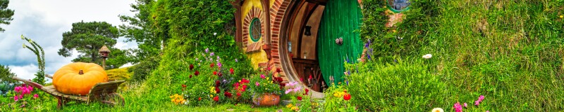 View of Bilbo Baggins' pathway and front door of his hobbit-hole in The Shire. There are pretty wildflowers on the right and left of the path and a giant pumpkin in a wooden wheelbarrow to the left of the green circular front door.