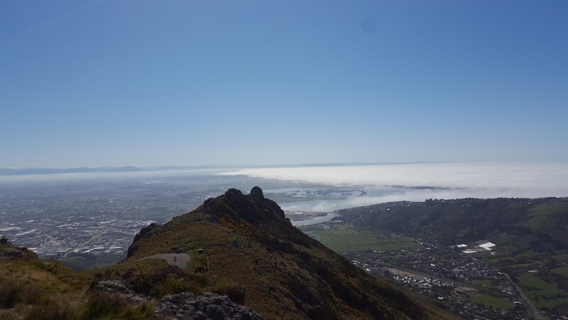 Looking out from the Port Hills towards the Pacific Ocean, fog lingering over the sea