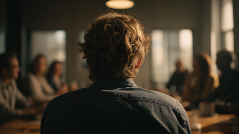 A view of a meeting looking over the shoulders of an individual at the head of the table