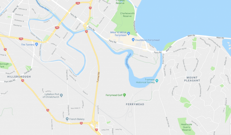 A screen shot from Google maps of Ferrymead and surrounding suburbs
