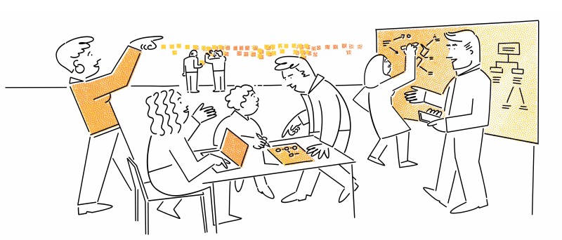 Cartoon with black lines showing scene with people working around a table and on a whiteboard discussing things
