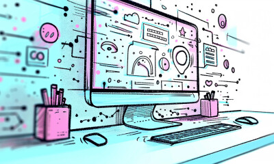 Cartoon of computer monitor, keyboard and mouse