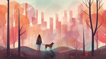 Abstract scene person walking a dog in the park in autumn