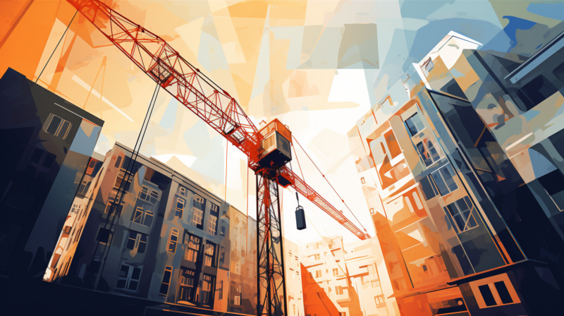 Illustration of a construction crane within a city scape