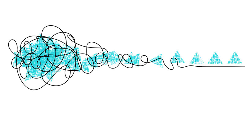 Illustration of a squiggly line becoming a straight line from left to right with blue triangles following the path of the line