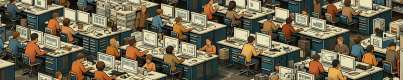 Illustration of a vast open plan office full or workers at their computers