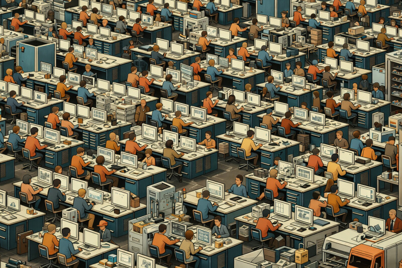 Illustration of a vast open plan office full or workers at their computers