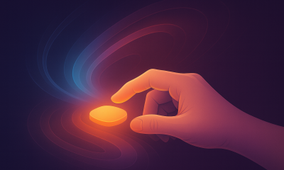 Illustrated hand reaching a finger out to push a glowing button with swirls around it