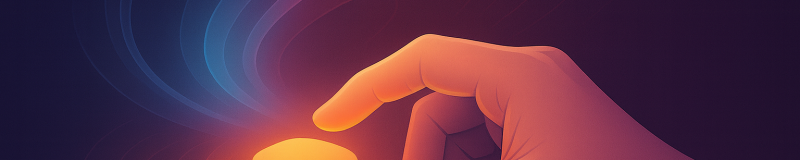 Illustrated hand reaching a finger out to push a glowing button with swirls around it