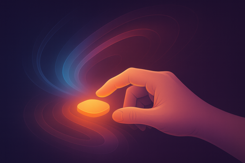Illustrated hand reaching a finger out to push a glowing button with swirls around it