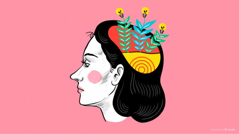 Illustration of woman's head with plants and lightbulbs growing out of her brain representing ideas