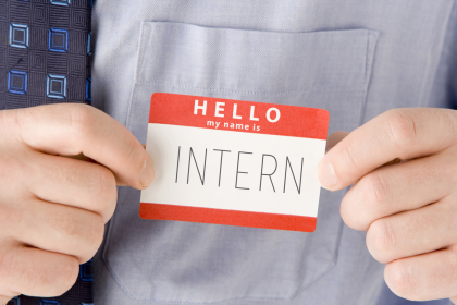 “Hello my name is intern” sticker on pocket