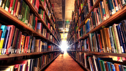 Full library shelves on the left and right trailing off into the distance