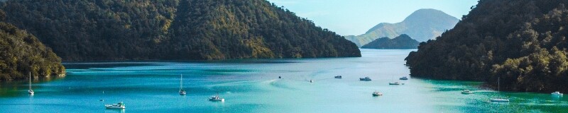 View of the Marlborough Sounds, New Zealand; green-blue coloured water,  several boats on the water, bush covered hills, and a blue sky scattered with clouds