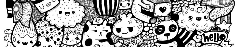 Black and white cartoon imagery of a jumble of creatures and animals and objects