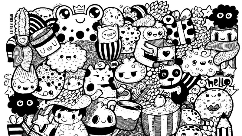 Black and white cartoon imagery of a jumble of creatures and animals and objects