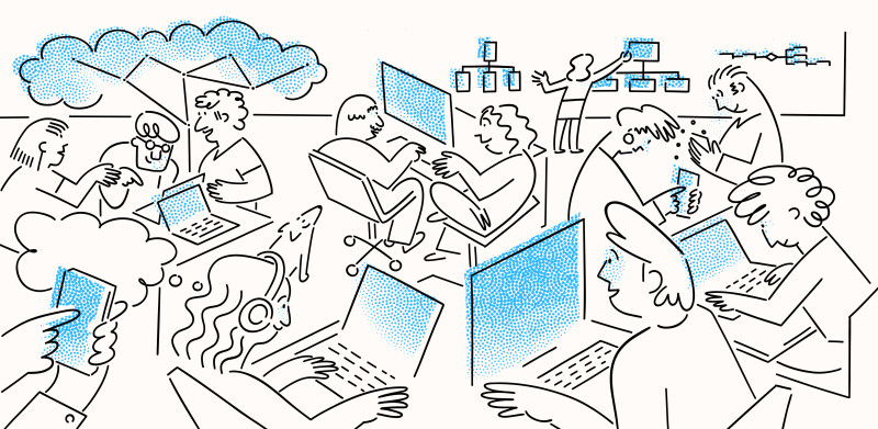 Line drawn cartoon showing busy office scene with people working on devices and collaborating
