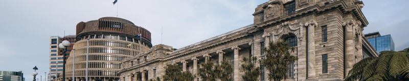 Parliament building in Wellington with the Beehive in the background