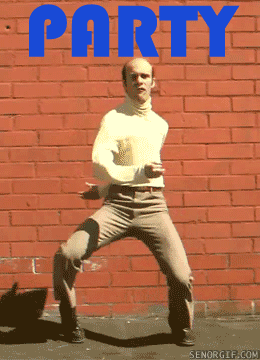 Gif of a man with serious face and seemingly rubber arms flapping in front of and behind him as he also jiggles his legs and the words party hard flash in the image