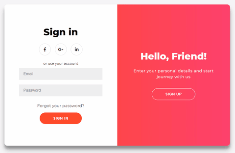 Animation of sign in/sign up page which, when Sign Up button is clicked on the right of the page, changes to a form on the right and a  a welcome back/sign in button on the left. When sign in button is clicked, the page transitions to show the sign in for
