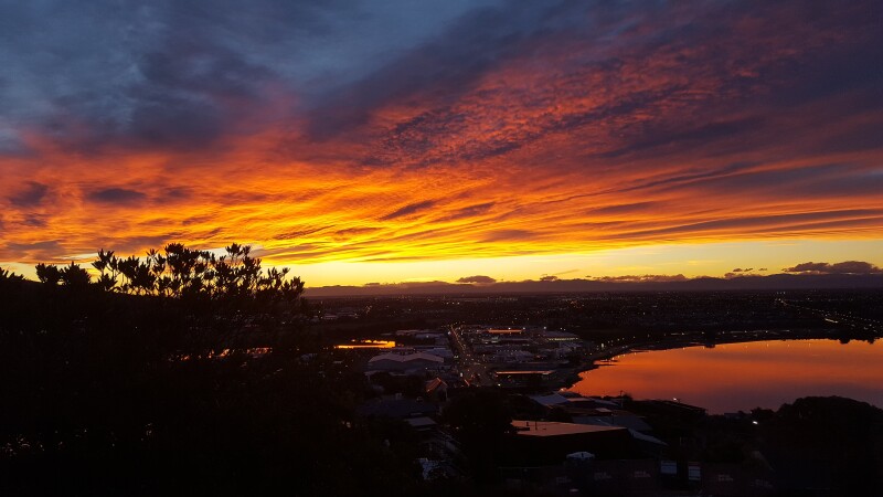 Sunset over Christchurch - looking north-west from Mount Pleasant over the estuary and city