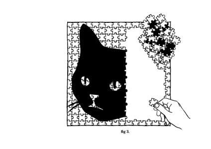  Fig 3. line drawing of a half made jigsaw puzzle of a cats face. Full border is complete, with a pile of puzzle pieces over the top right corner and a hand reaching in to place a puzzle piece.