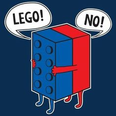 A cartoon of two 4x2 lego blocks are connected and both have little legs - the red one is at the back and has arms around the blue one. The blue one is saying "lego!" the red one is saying "no!".