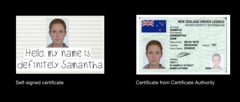 Two images, the image on the left is of a person's face on a white and blue lined background with text. The image on the right is of a person's drivers license with their face and personal details
