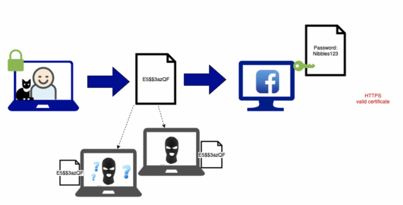 Diagram of user workflow with user logging into facebook and hackers confused by that information