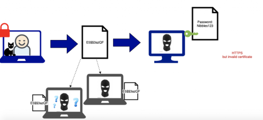 Diagram of user workflow with user logging into a malicious website and hackers stealing that information