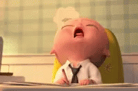 Gif of animated baby falling asleep in their chair, their head lolling to the side, hitting the table, with the baby waking and picking up a folder from the table