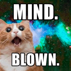 Meme of a surprised looking ginger cat agains a colourful background. Caption says "Mind. Blown."