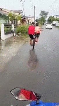 Gif following two children on a bicycle, one child is standing on the left pedal and the other is on the right pedal and they are cycling down the street