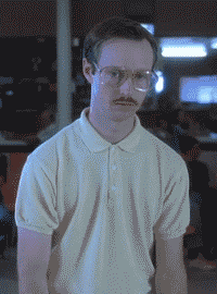 Gif of man with 80s style glasses and a moustache doing a dip and a fist pump