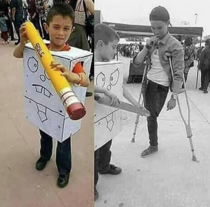 An image split in two. On the left a child is wearing a box wearing a box shaped costume holding a large pencil. On the right, the child in costume stands next to a man with crutches