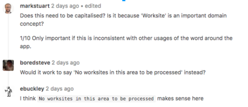 A screenshot of code review discussion between 3 engineers showing an example of a 1/10 rating, meaning the comment is a low priority.