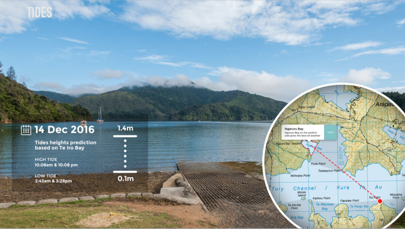 Image of a bay in the Marlborough Sounds overlayed on the left with tidal information for that day, and on the left with a map of the relevant part of the Sounds