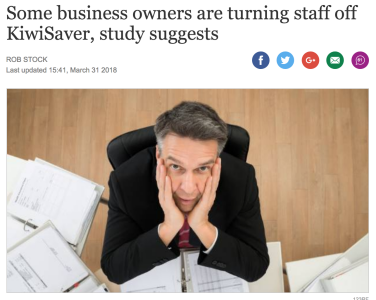 Screen Shot of news article titled "Some business owners are turning staff off KiwiSaver, study suggests"