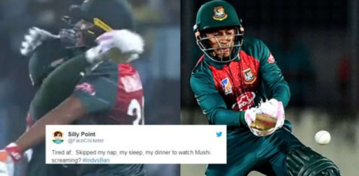 Two images - left - two Bangladesh batsmen hugging; right - Bangladesh batsman hitting a ball