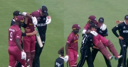 Two images showing New Zealand team members helping Kirk McKenzie (West Indies) off the pitch
