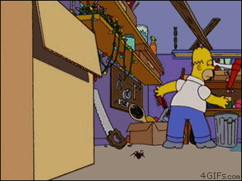 Gif of Homer Simpson in the garage. He sees a spider go under a box, so lifts the box over his head but the spider is not there. He looks up at the bottom of the box where there are hundreds of spiders which then fall on his face making him run around the