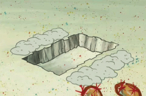Gif of the cartoon character Spongebob Square pants hopping into a square shaped hole in the sand, scooping sand to cover himself, with the word NOPE appearing on the sand - his nose is still sticking out of the sand.