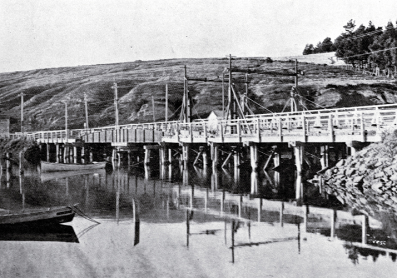 Black and white image of the Old Ferry Bridge, 1909. Sea is in the foreground with the bridge running across the page and a hill in the background.