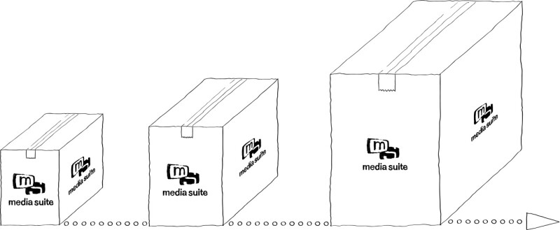 line drawing of 3 boxes getting increasingly bigger - a dotted line goes from left to right with a right arrow on the far right