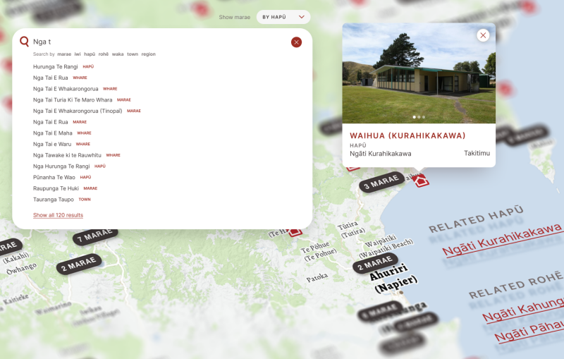 Montage for UI components showing the Marae Search and Marae Map popups