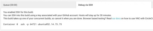 Screenshot of a message from CircleCI explaining a new build is enabled and providing an ip address to ssh into, keeping the build up for 30 mins after tests have run.