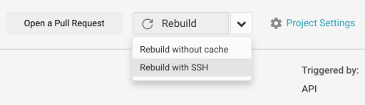 Screenshot from CircleCI showing dropdown menu options saying Rebuild, Rebuild without cache, Rebuild with SSH