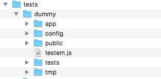 Screenshot of file structure showing testem.js file sitting in the dummy folder