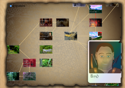 Dynamic map of The Hobbit game, with the character Bard overlayed in the right bottom corner